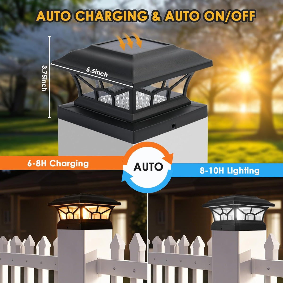 solar post cap lights outdoor waterproof, dual light, side view