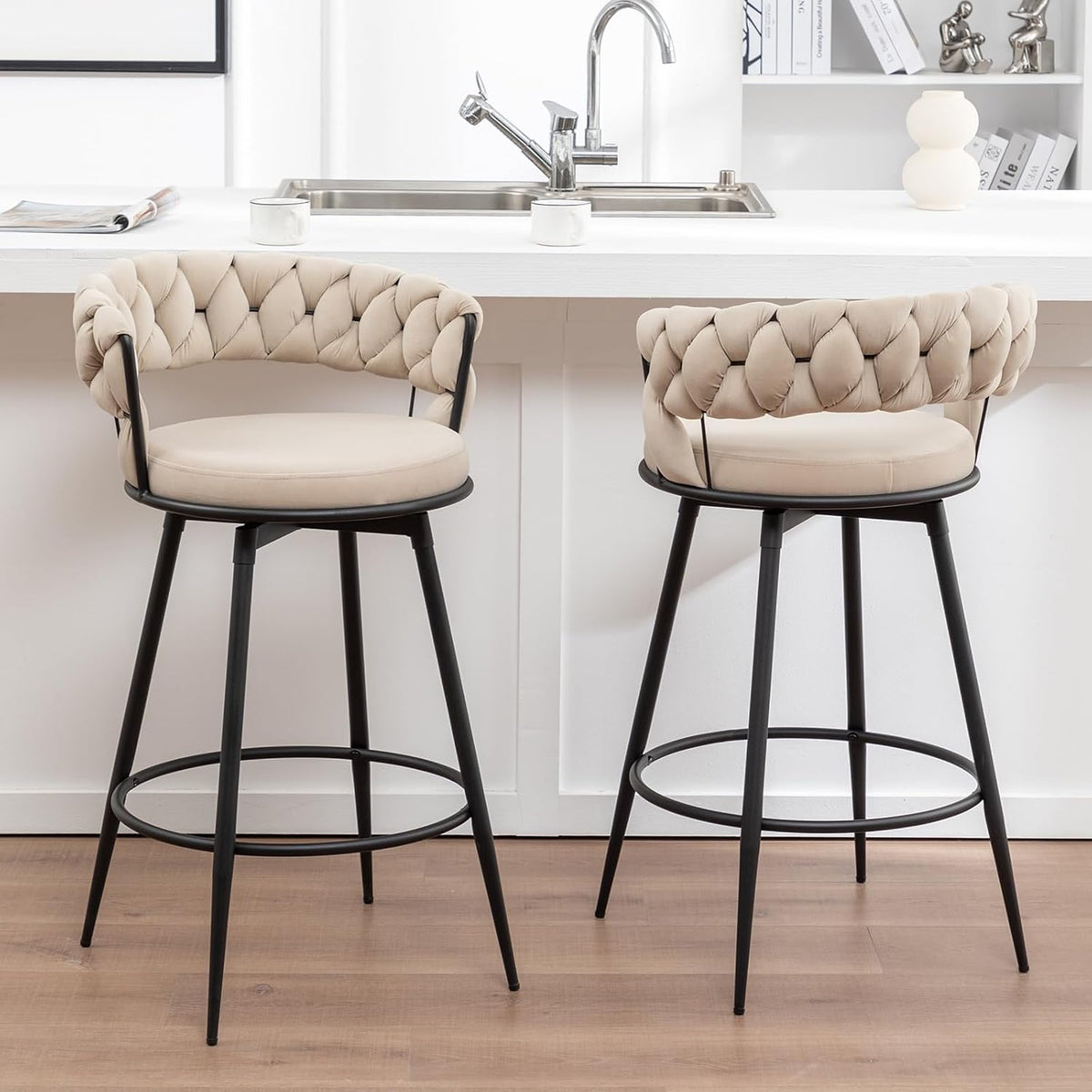 Swivel Bar Stools Set of 2, Modern Barstools with Woven Back, Velvet Counter Height Bar Stools for Kitchen Island, Cafe, Pub, Beige
