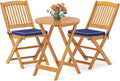GIANTEX Patio Bistro Set 3 Pieces, Outdoor Acacia Wood Folding Table & Chairs Set with 2 Padded Cushions, Patio Conversation Furniture Set for Backyard, Garden, Balcony, Poolside (Natural & Navy)