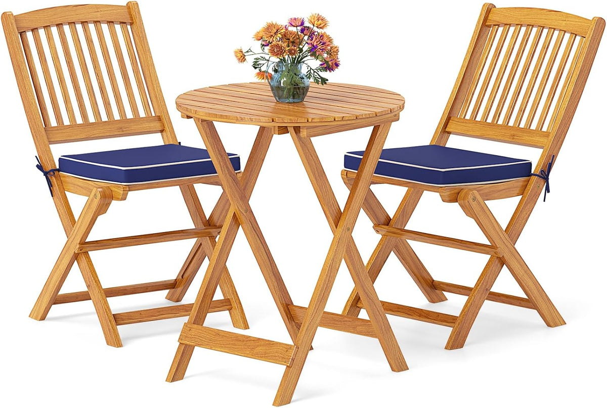 GIANTEX Patio Bistro Set 3 Pieces, Outdoor Acacia Wood Folding Table & Chairs Set with 2 Padded Cushions, Patio Conversation Furniture Set for Backyard, Garden, Balcony, Poolside (Natural & Navy)