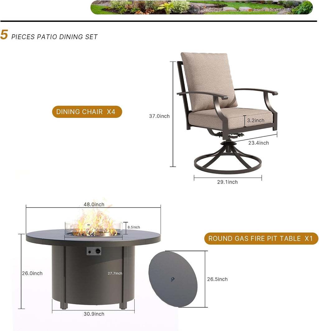 5 Piece Metal Outdoor Patio Furniture Set with 48"/55000 BTU Round Fire Pit Table,Outdoor Dining Table Set 4 Swivel Chairs No-Slip Cushions and Waterproof Covers,Sand