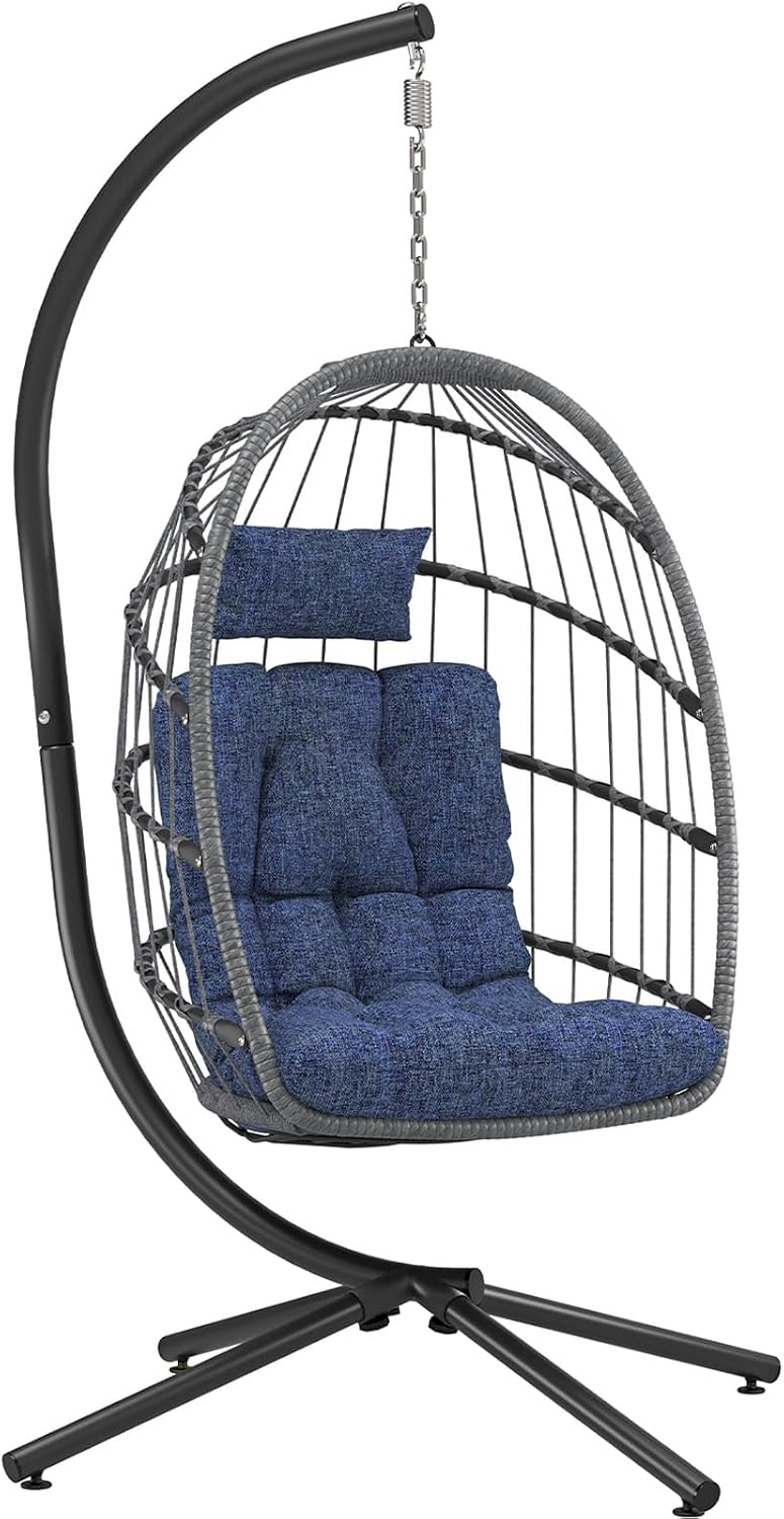 LEYCAY Hanging Egg Chair with Stand, Outdoor Indoor Egg Swing - Dark Blue