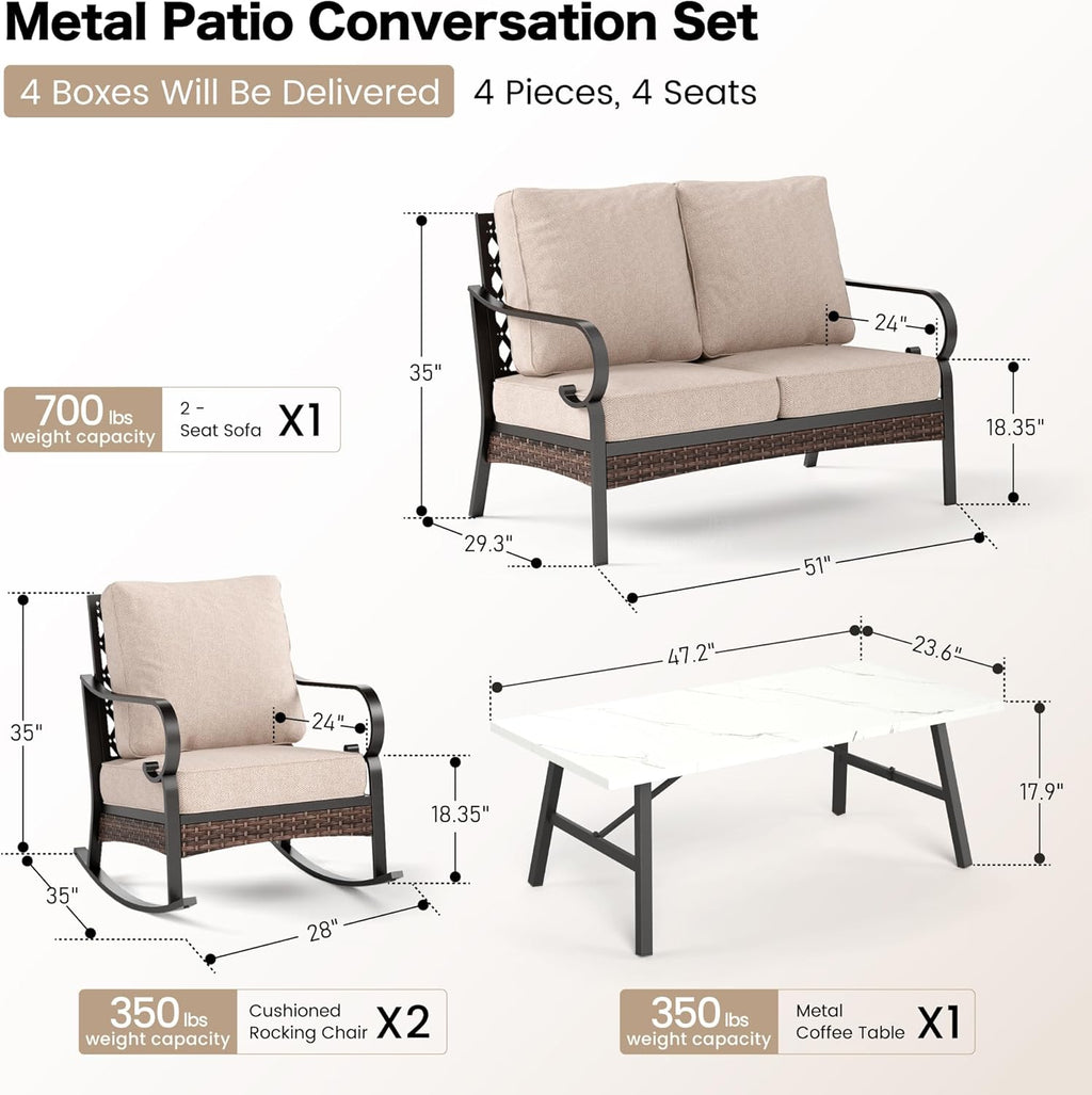 SUNSHINE VALLEY, 4 PCS Metal Patio Conversation Set, Rocking Chairs
