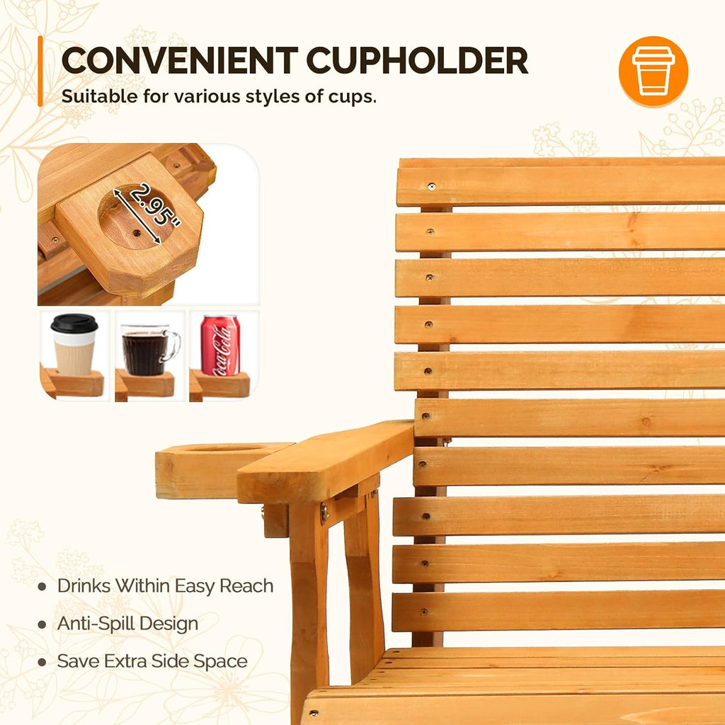 VINGLI Wooden Patio Glider, Heavy Duty 800 LBS Outdoor Glider with Cup Holders, 5 FT Wooden Glider Bench with High Backrest for Garden, Yard, Patio, Teak