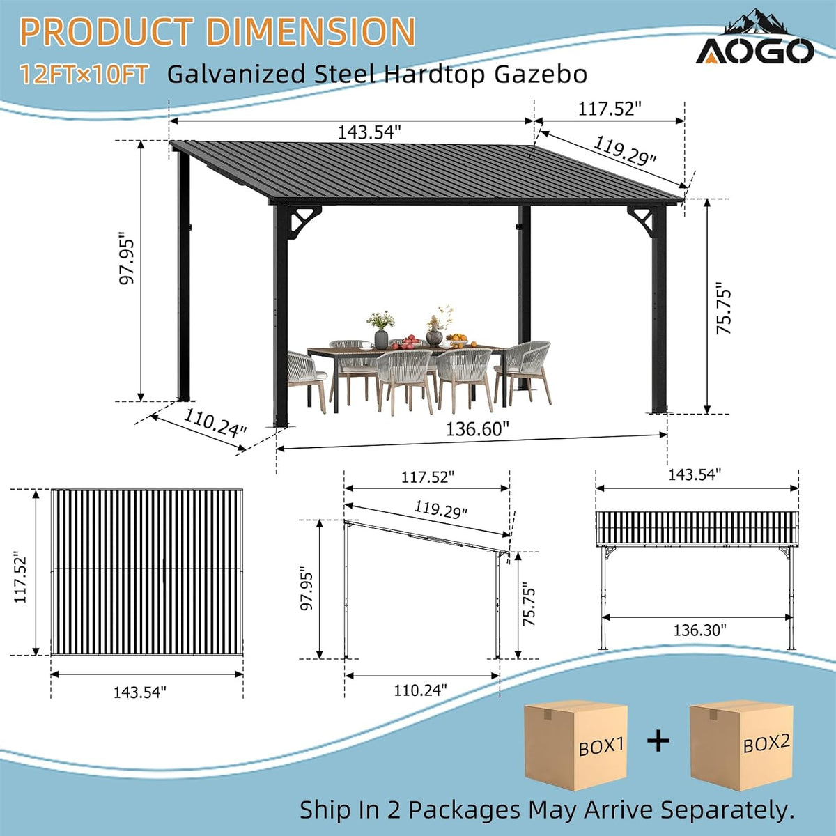 12x10 FT Lean to Gazebo, Sloping Galvanized Steel Roof Hardtop Gazebo, Outdoor Pergola Canopy with Heavy Duty Aluminum Frame for Patio, Backyard, Deck, Pool
