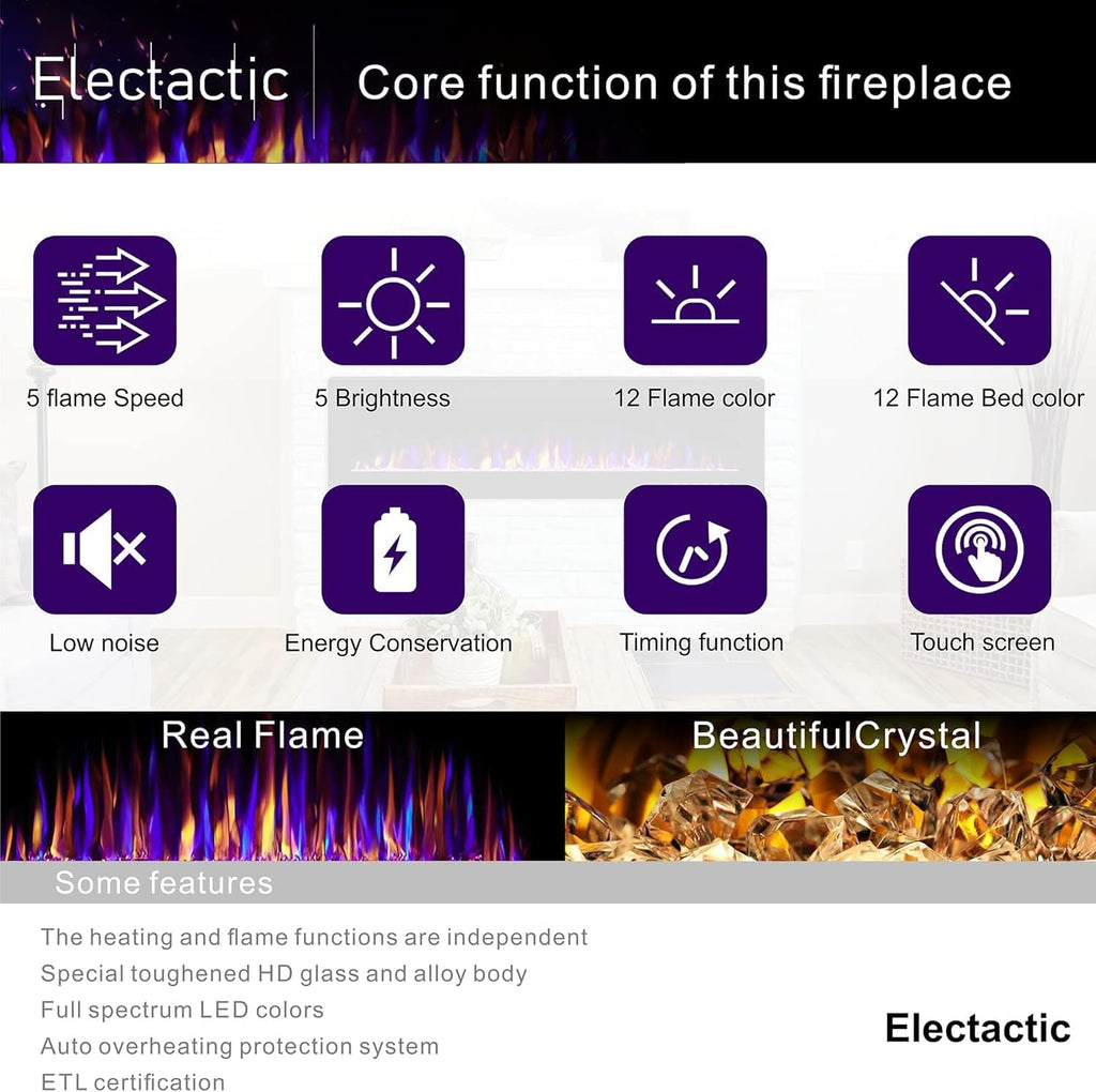 Electactic 68 Inch Electric Fireplace Insert Ultra-Thin - Recessed & Wall-Mounted Fireplace Heater with Thermostat, Adjustable Flame, Remote Control - Linear with Timer, Touch Screen, 750/1500W