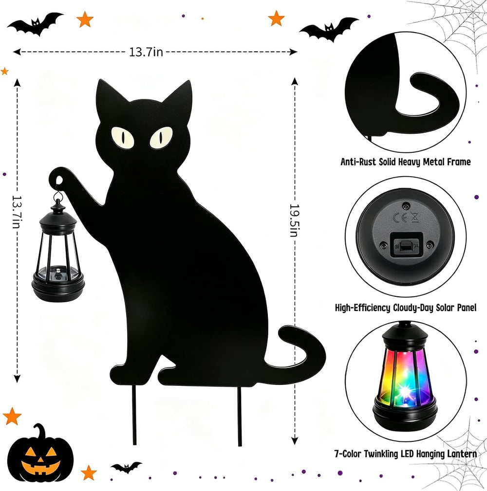 2 Pack Halloween Black Cat Solar Yard Stake, 7-Color LED Lantern