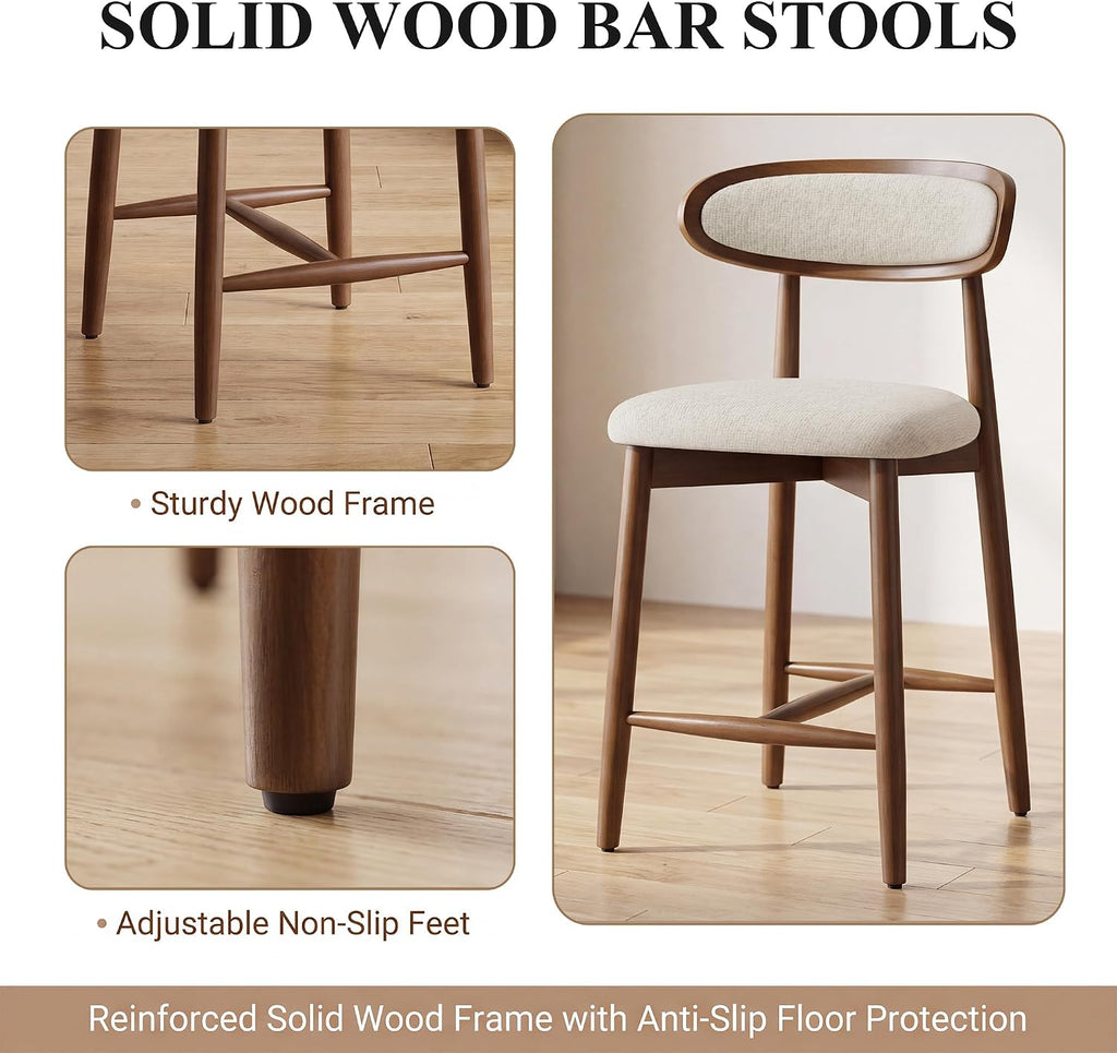 Bar Stools Set of 2, 24.8″ Counter Height Barstools with Wood Legs