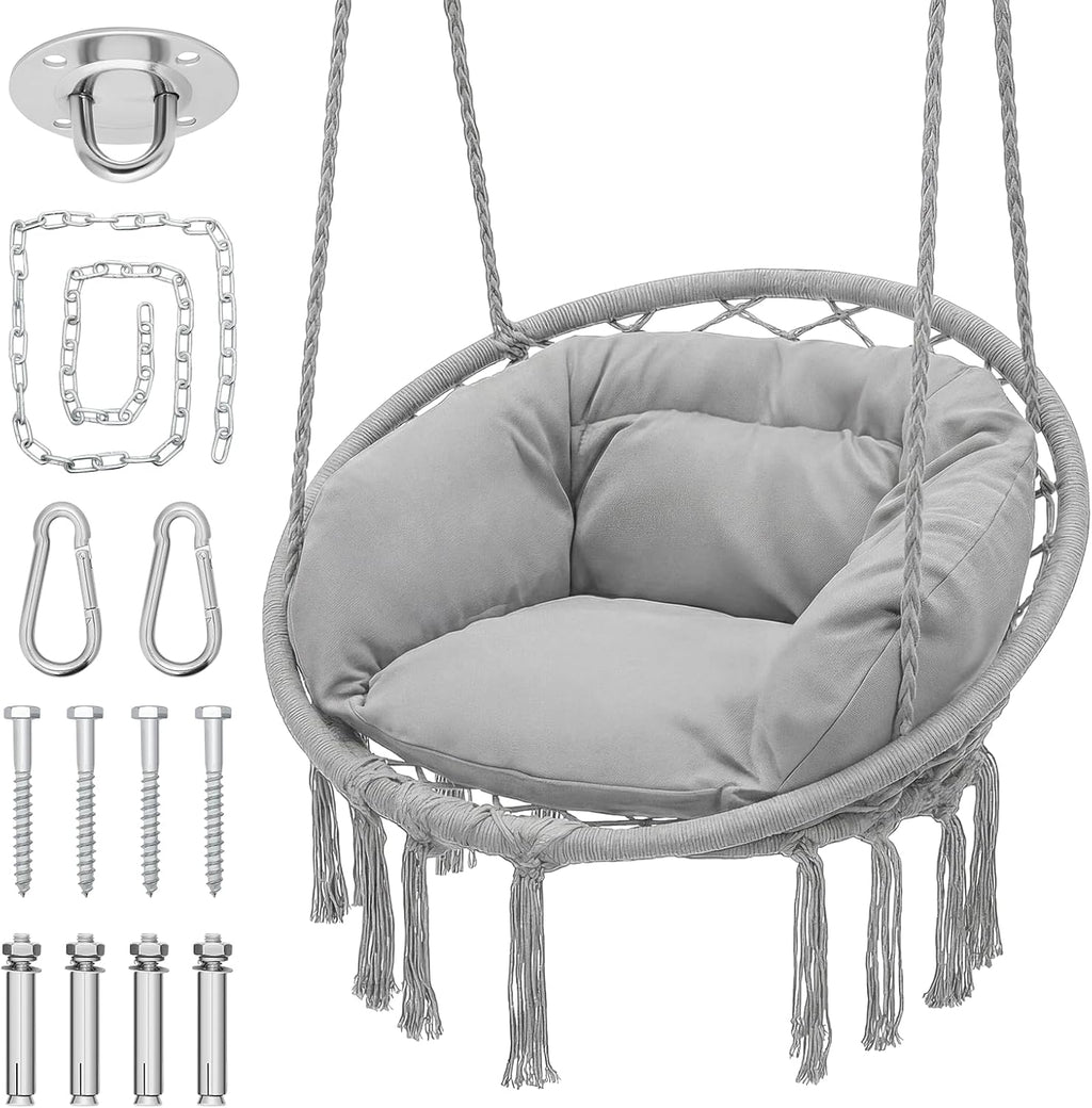 Monibloom Hanging Hammock Chair with Cushion, Macrame Swing Chair, Gray