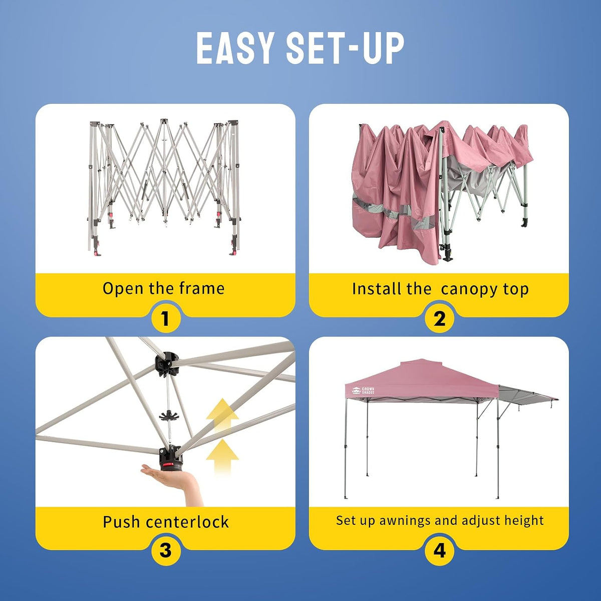 CROWN SHADES 10x10 Pop up Canopy with Adjustable Awning, Pink