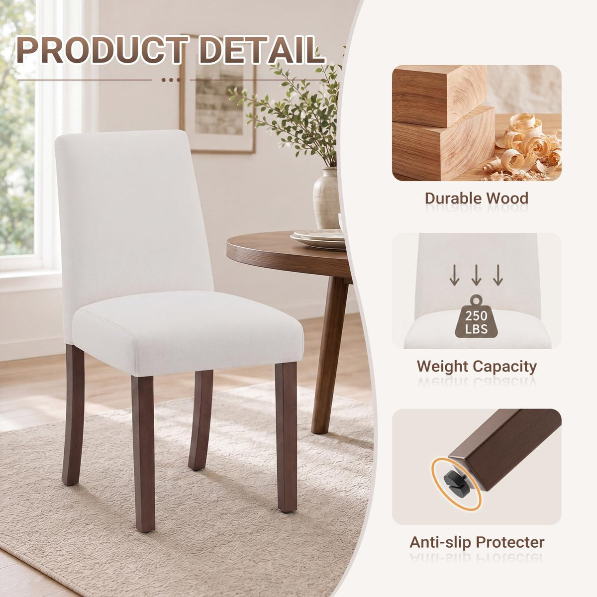 MALOL Modern Dining Chairs Set of 4, Upholstered Kitchen Chairs with High Back, Padded Fabric Dining Room Chair with Solid Wood Legs for Restaurant/Cafe/Home, Light Beige
