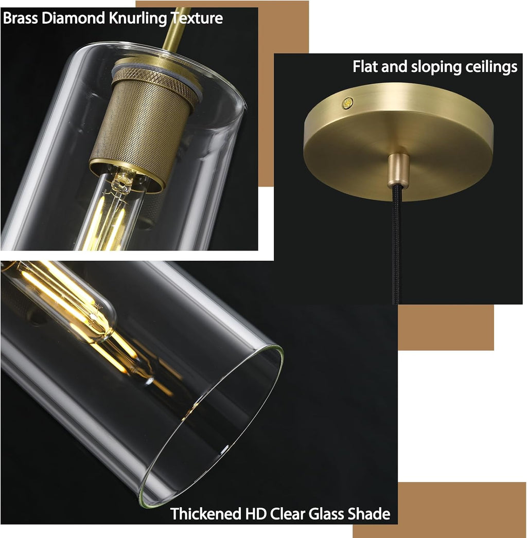 Modern Brass Pendant Lights Kitchen Island Glass Pendant Light Fixtures, 9.5'' Farmhouse Clear Glass Cylinder Pendant Light, Gold Kitchen Pendant Lighting over Island Sink, E26 Bulb Included