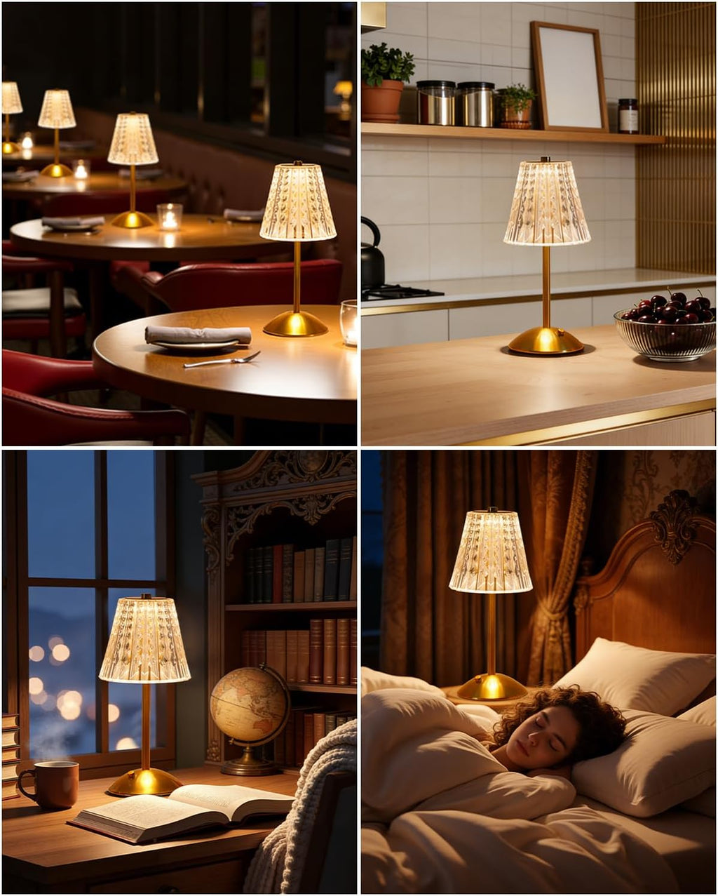 nusogon 2 pack cordless crystal table lamps, rechargeable on a desk or shelf