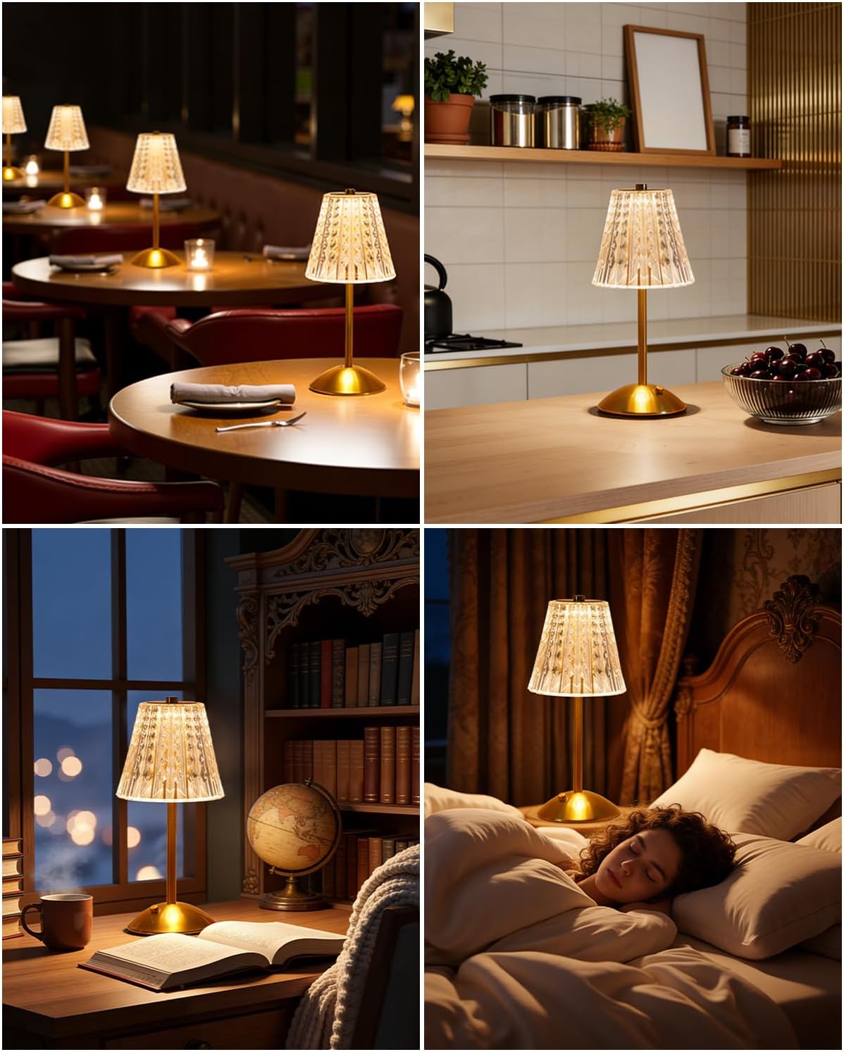 nusogon 2 pack cordless crystal table lamps, rechargeable on a desk or shelf