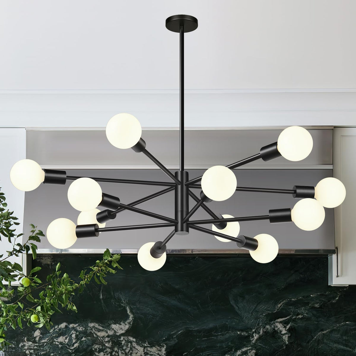 11"-52" Height Adjustable Modern Chandelier Ceiling Light Fixture, 12-Light Sputnik Chandeliers Matte Black Mid Century Chandelier Over Table, Chandeliers for Dining Room Living (Bulbs Not Included)