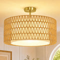 OUTON 17" Boho Rattan Semi Flush Mount Ceiling Light Fixture, Gold 3-Light
