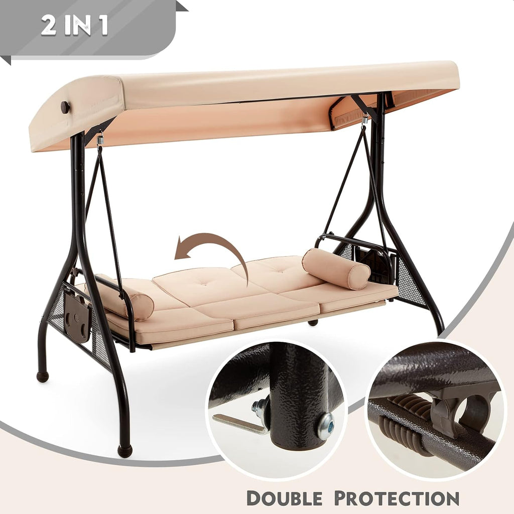 HOMREST 3 Seat Porch Swing with Adjustable Canopy, Patio Swing with Stand