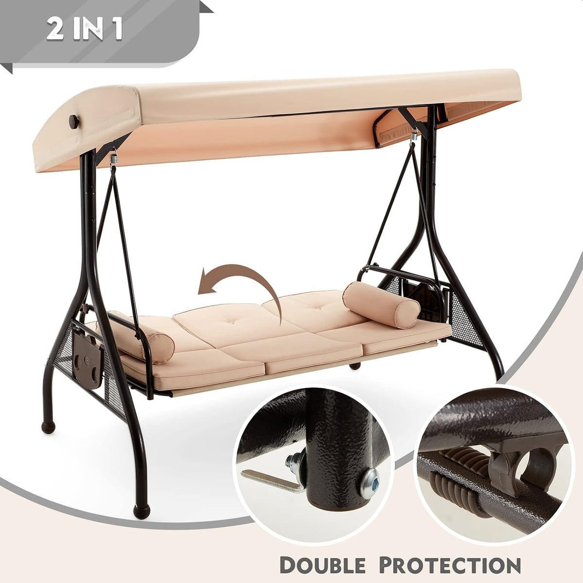 HOMREST 3 Seat Porch Swing with Adjustable Canopy, Patio Swing with Stand
