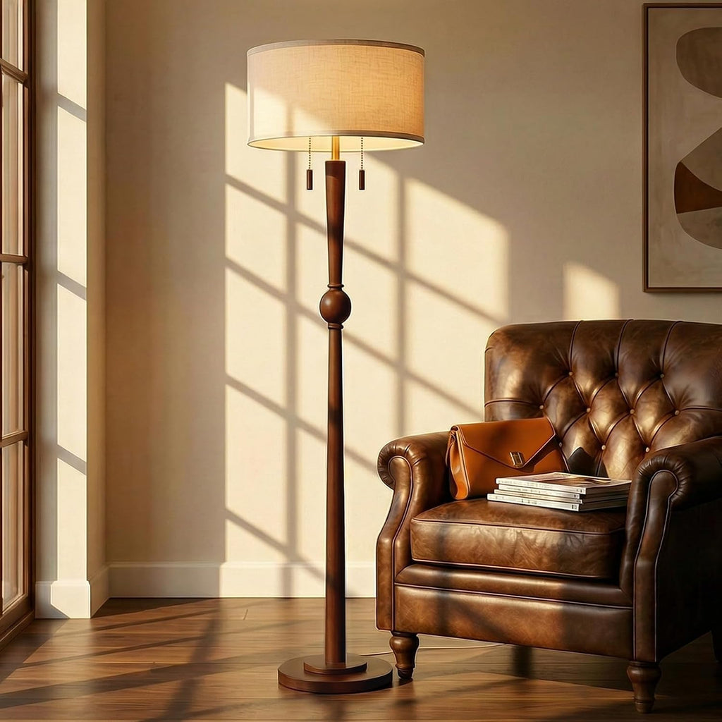 MOFFE Solid Wood Floor Lamp for Living Room with Wooden Pull Chains