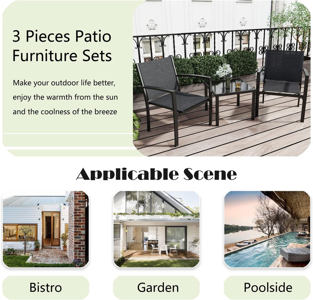 Greesum 3 Pieces Patio Furniture Set Outdoor Conversation Textilene Fabric Chairs for Lawn, Garden, Balcony, Poolside with A Glass Coffee Table, Black