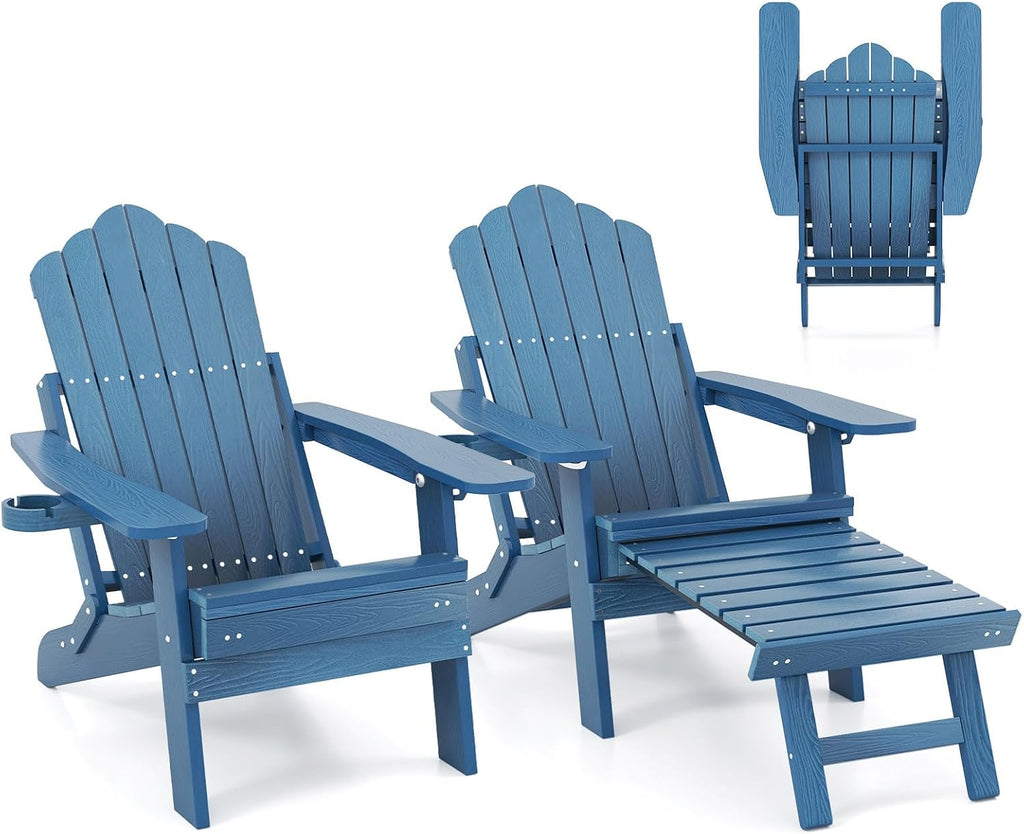GIANTEX Folding Adirondack Chair, All-Weather Lounge Chair with Adjustable Backrest, Retractable Ottoman, Cup Holder, HIPS Fire Pit Chair for Lawn, Pool, Patio, Porch (2, Navy)