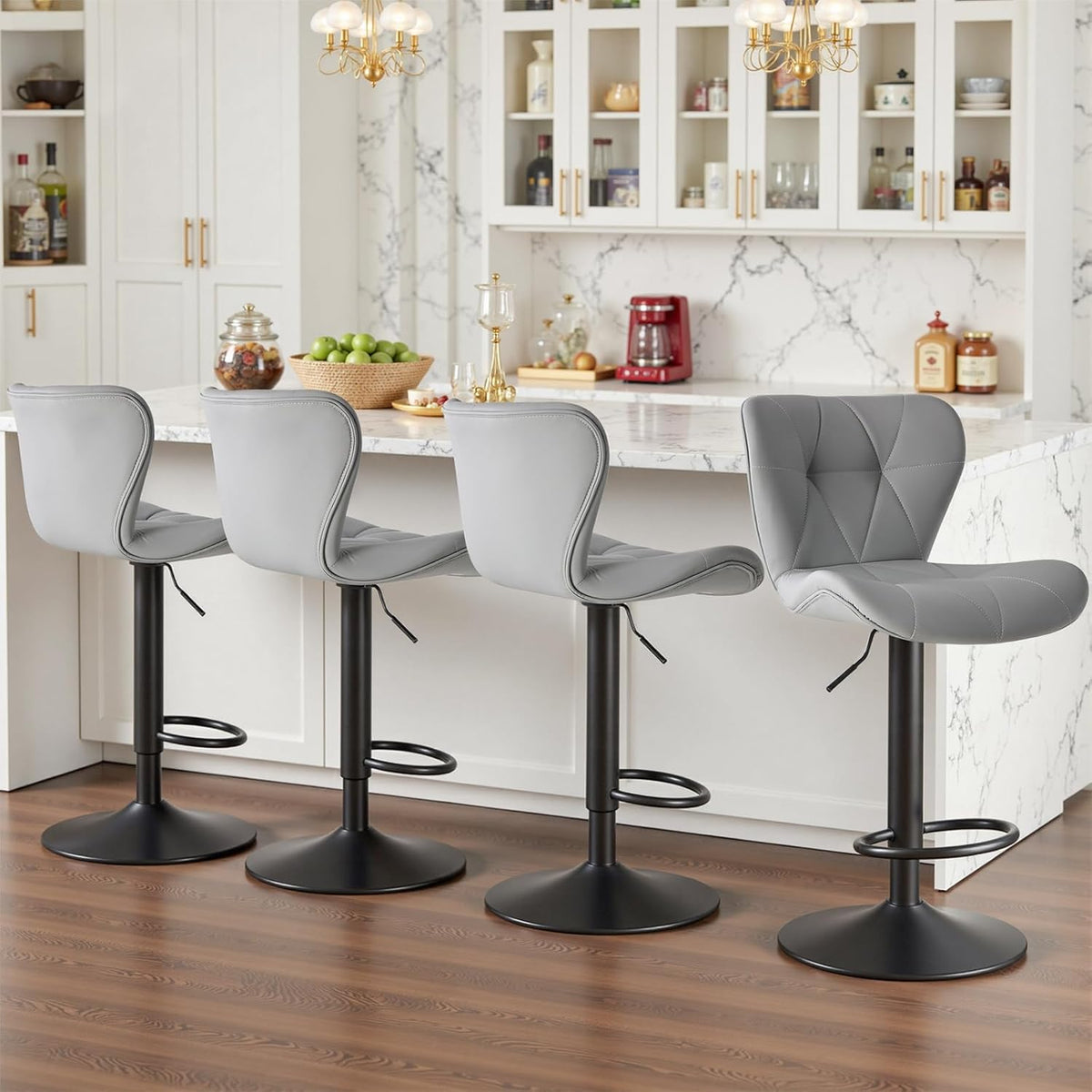 Sweetcrispy Bar Stools Set of 4, Faux Leather Swivel Adjustable Bar Chairs
