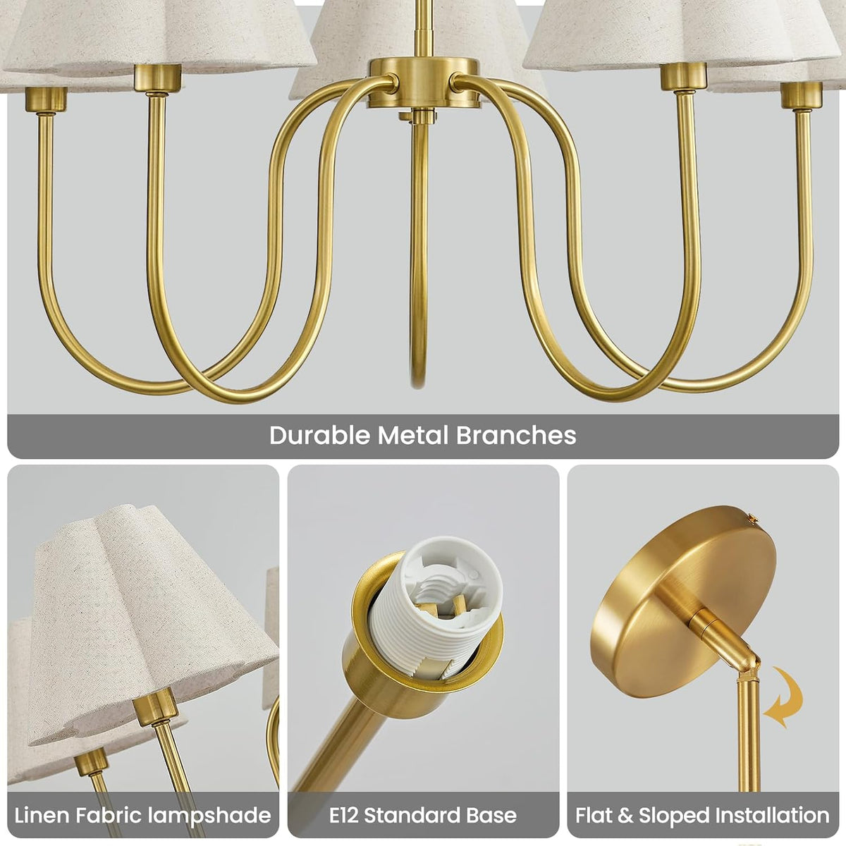 Brass Gold Chandeliers for Dining Room, 28"Light Adjustable Antique Modern Gold Chandelier Light Fixture with Scalloped Linen Fabric Shade, Classic Kitchen Pendant Lights over Table for Bedroom