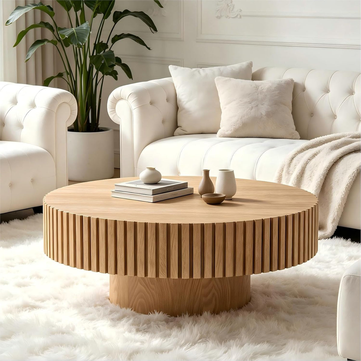 KEVINSPACE Round Coffee Table, 39" Big Wooden Fluted Coffee Table with Fluted Base, Circle Accent Center Table for Living Room Apartment Office Small Space, Easy Assembly, Wood