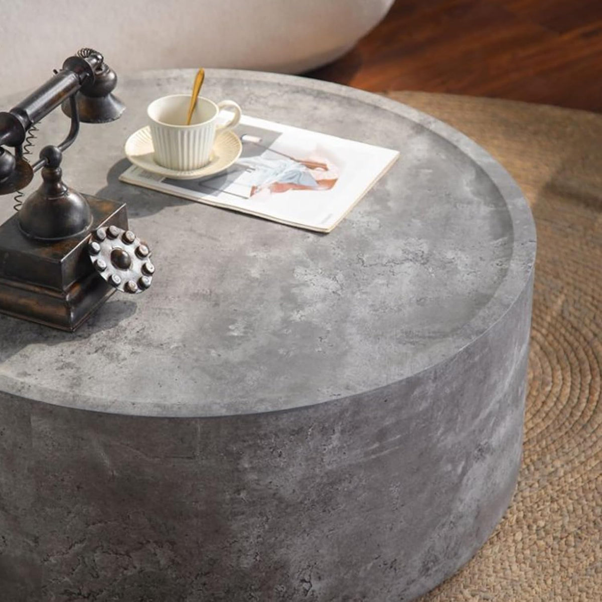 Round Coffee Table Small, 31.5" Coffee Tables for Living Room, Modern Drum Center MDF Wooden Farmhouse Accent Vintage Design, Office, Apartment No Assembly Required Concrete Gray