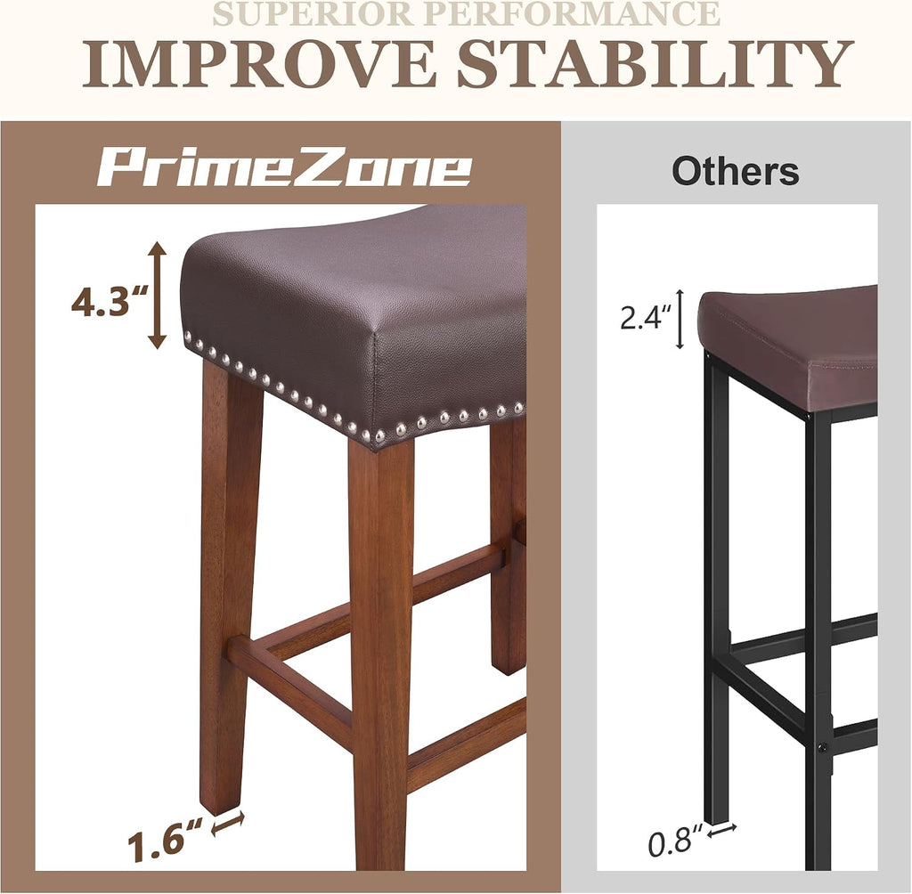 PrimeZone 26 Inch Solid Wood Saddle Backless Bar Stools Set of 2, Brown
