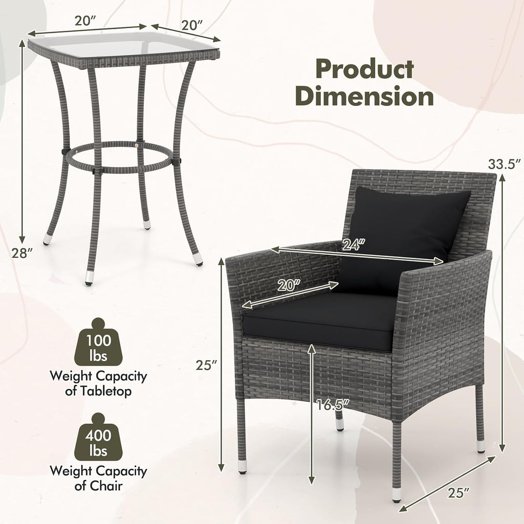 DORTALA Wicker Patio Furniture Set 3 Piece, Small Outdoor Table & Chairs with Tempered Glass Tabletop, Cushions, Rattan Conversation Bistro Set for Balcony, Porch, Backyard, Deck, Mix Gray+Black