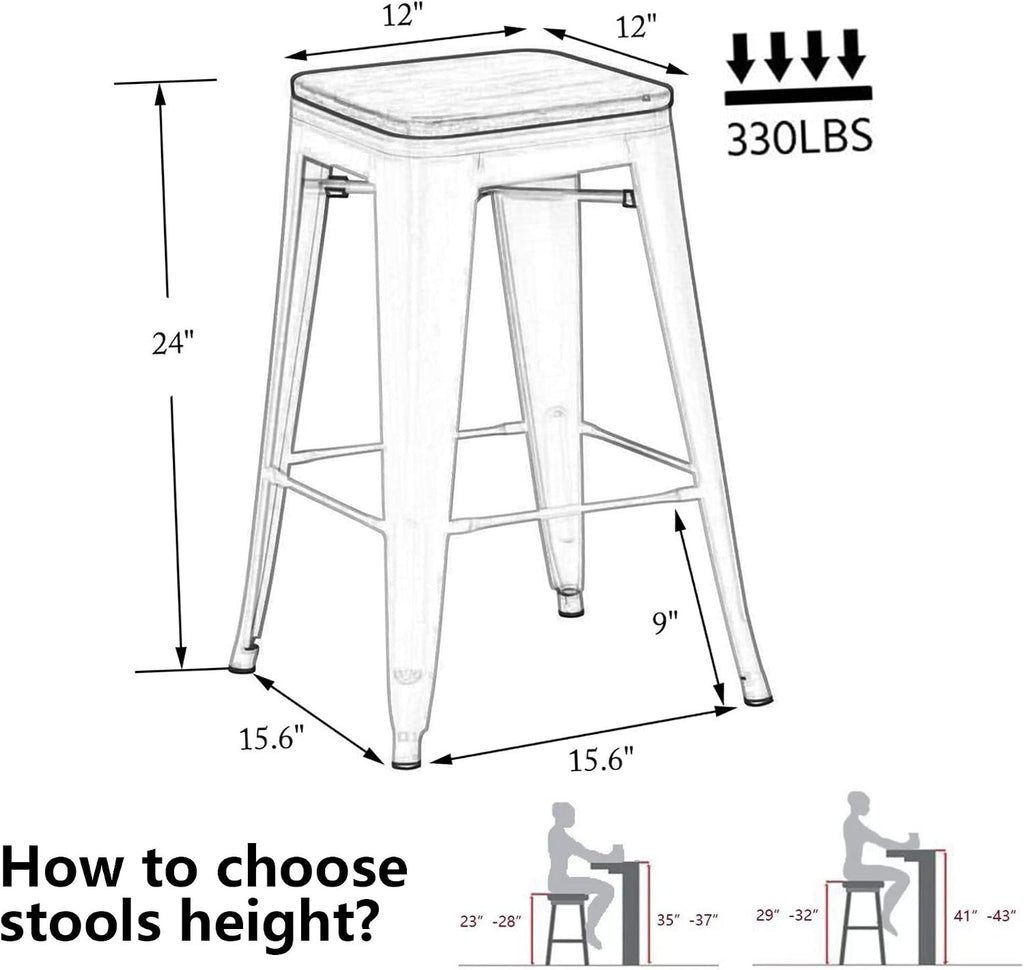 Alunaune 24" Metal Bar Stools Set of 4 Industrial Backless Counter Height Barstools Kitchen Patio Stool Stackable with Wooden Seat- White
