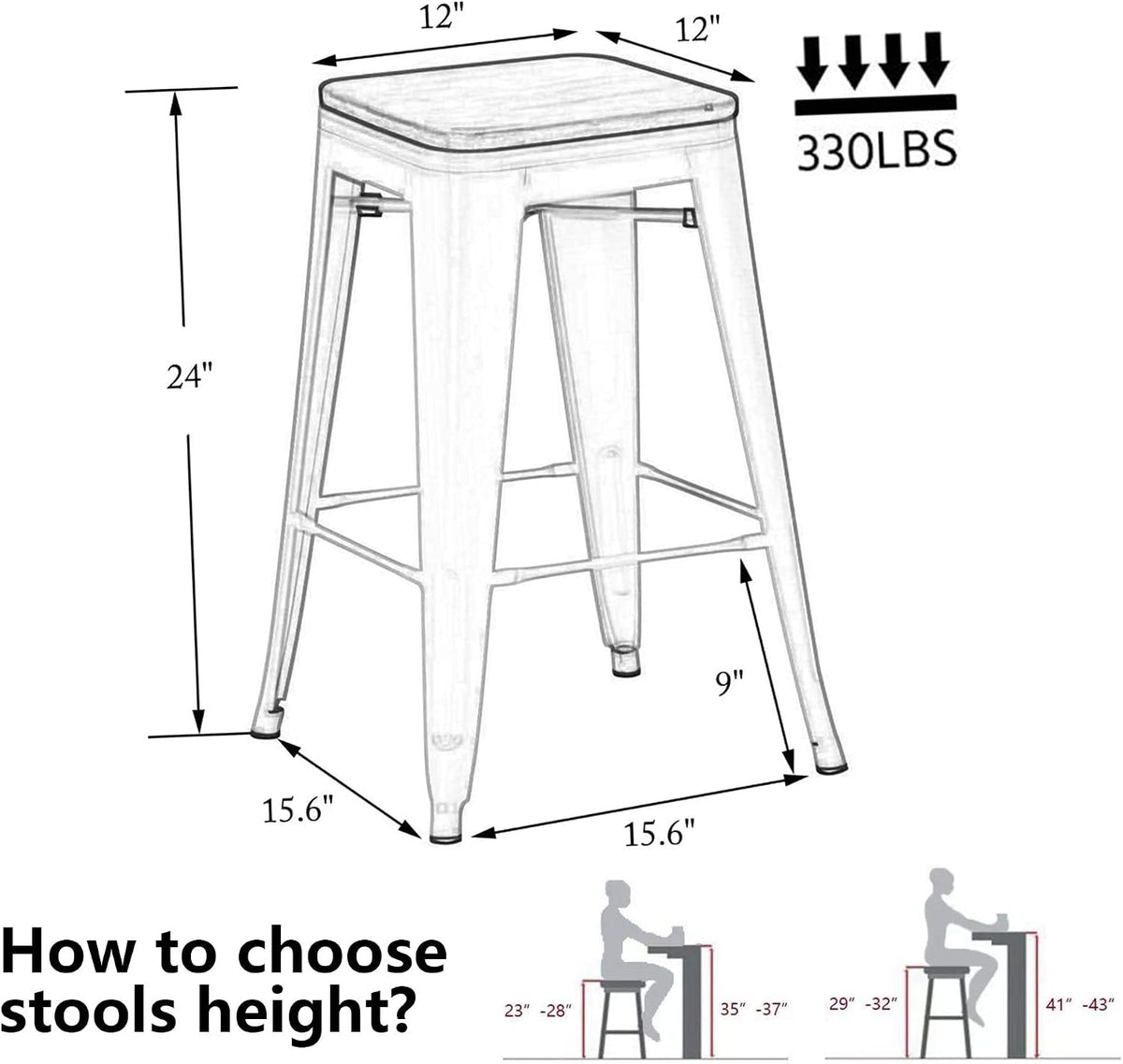 Alunaune 24" Metal Bar Stools Set of 4 Industrial Backless Counter Height Barstools Kitchen Patio Stool Stackable with Wooden Seat- White