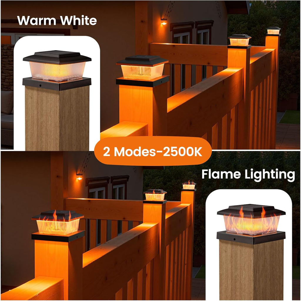 APONUO Solar Post Cap Lights with Flickering Flame & Warm White, 12-Pack for 4x4 Wood/Vinyl Posts, Solar Powered Deck & Fence Lights, Auto On/Off, IP65 Waterproof, Matte Black