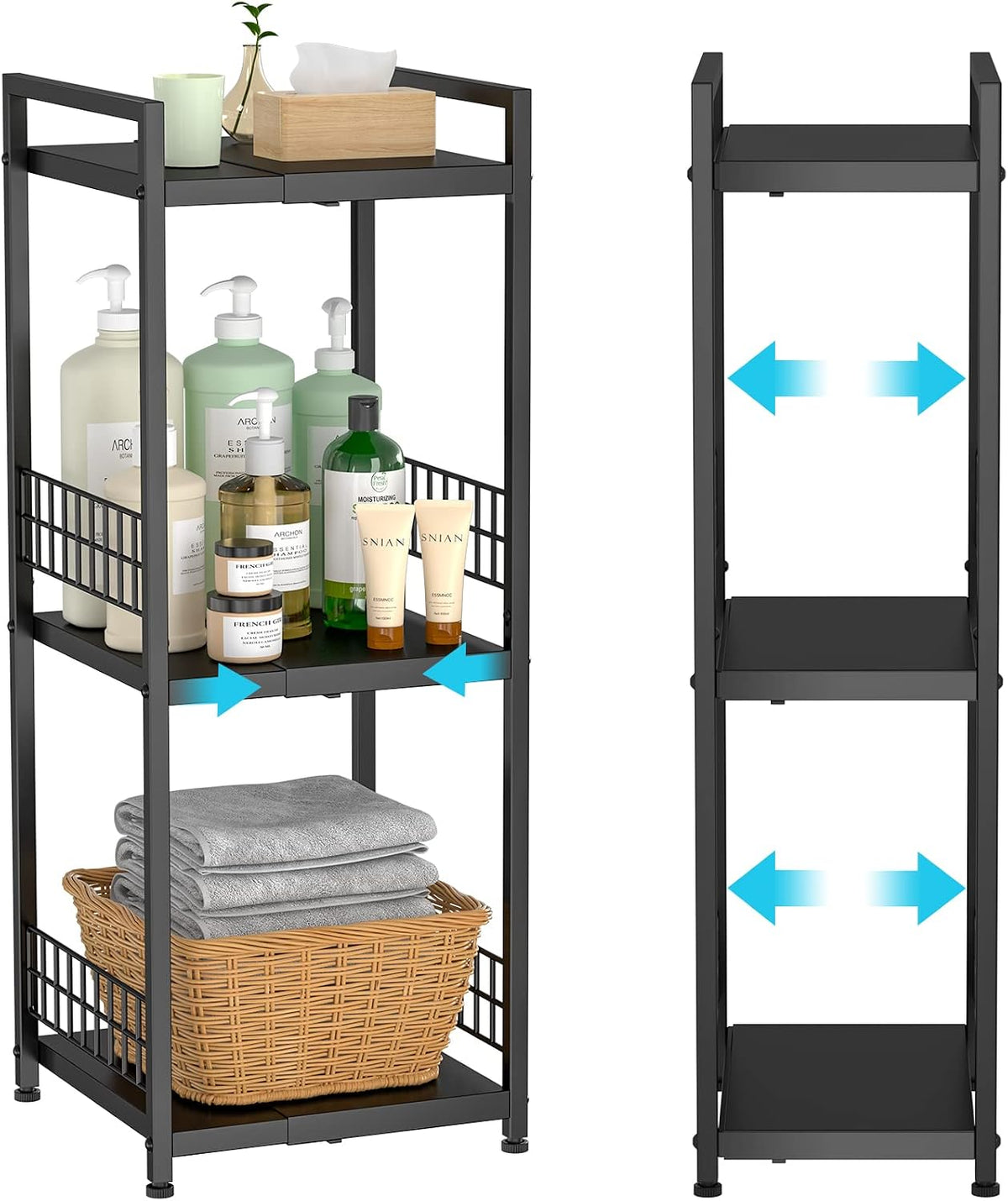 DAOUTIME 3-Tier Metal Shelving Unit, Expandable, Free-Standing, Narrow, Open Floor Shelves, Ideal for Bathroom, Kitchen, Laundry, Storage, Organization