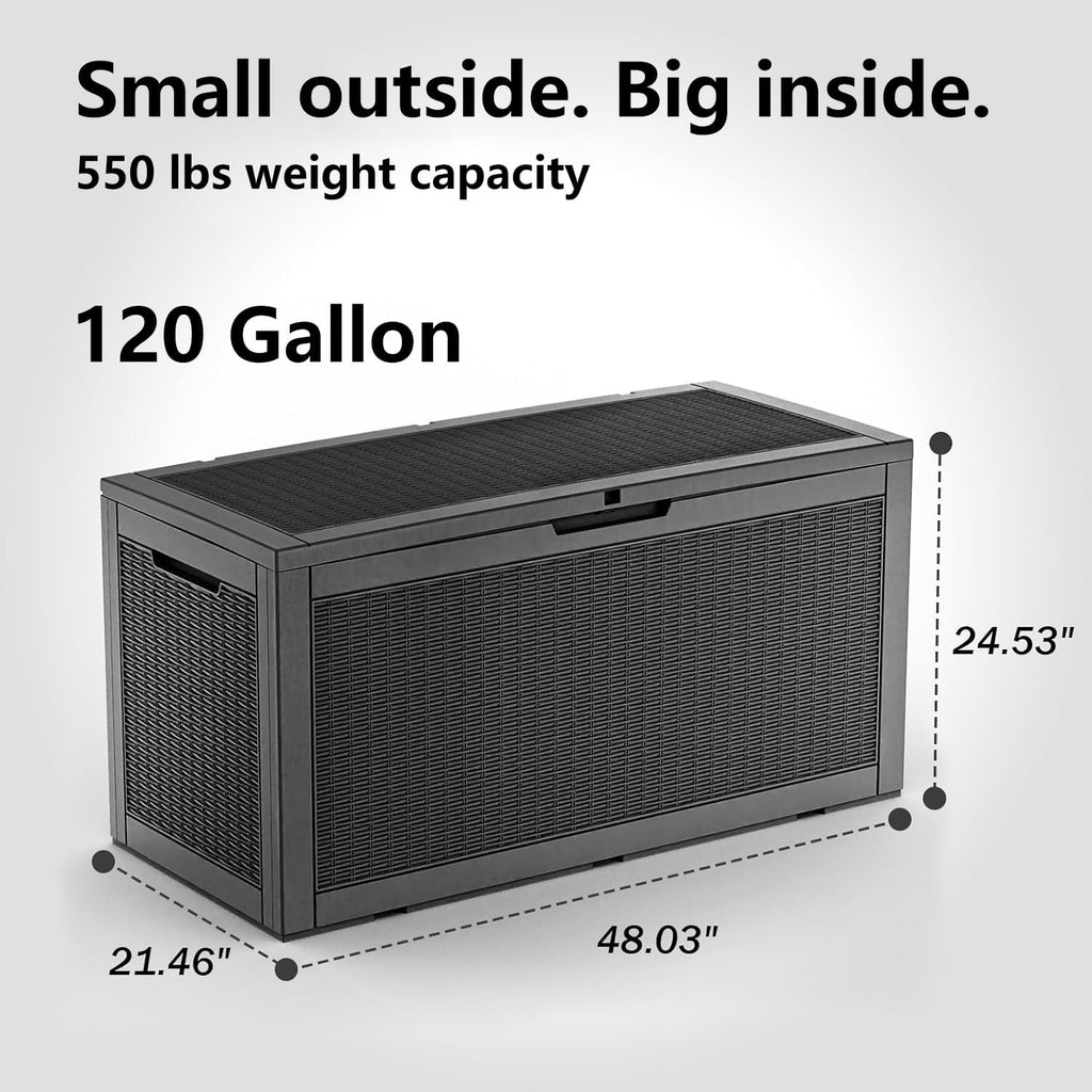 EasyUp 120 Gallon Waterproof Deck Box, Lockable Resin Outdoor Storage Box, Durable Storage Bin with Reinforced Hydraulic Rod for Patio Furniture, Garden Tools, Pool Accessories, Indoor Cushion, Black
