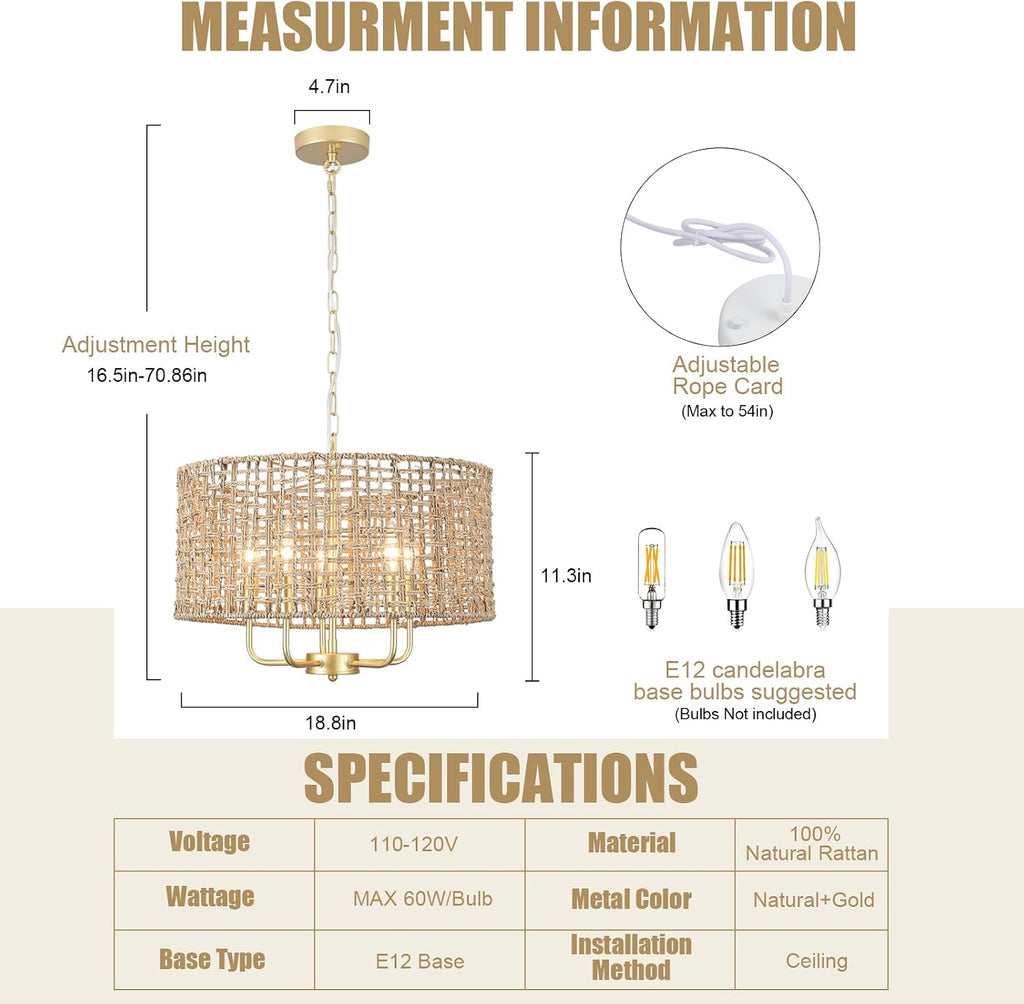 hand-woven rattan chandelier for dining room 18.8''farmhouse boho showing dimensions