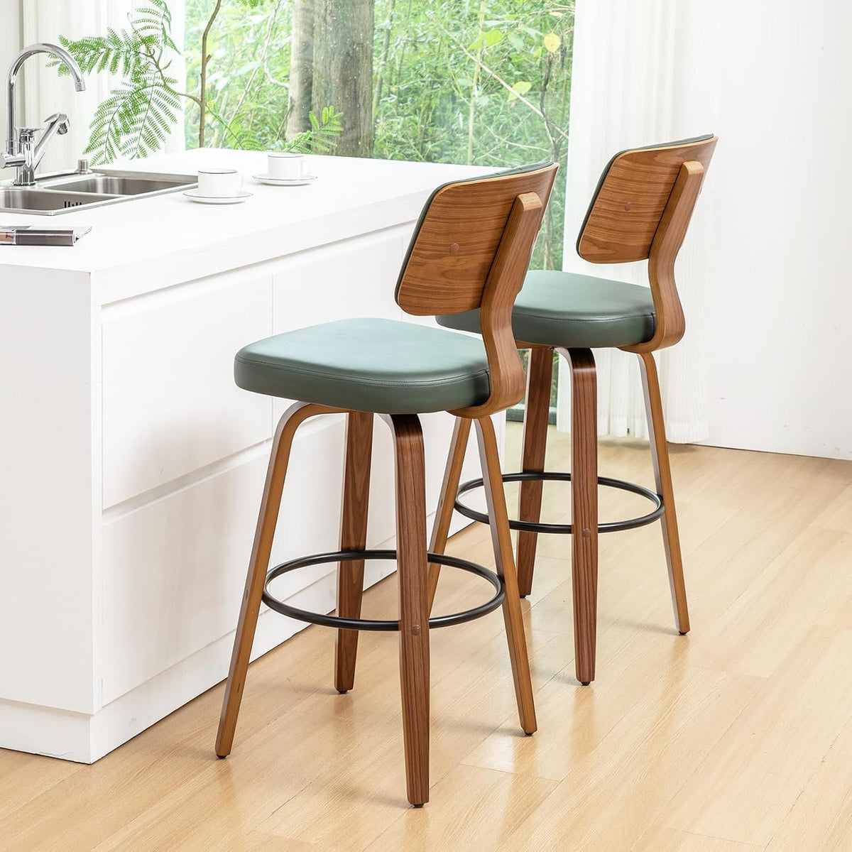 LUNLING 25.2” Swivel Bar Stools Set of 2,Green Faux Leather Counter Height Barstools with Back,Mid Century Modern Wood High Walnut Bar Chairs,Modern Kitchen Island Chairs for Home Dining