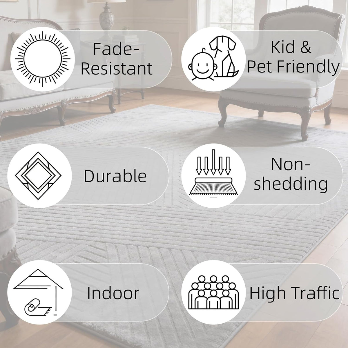 Grey 8x10 Solid Color Area Rug, Washable for Living Room Bedroom
