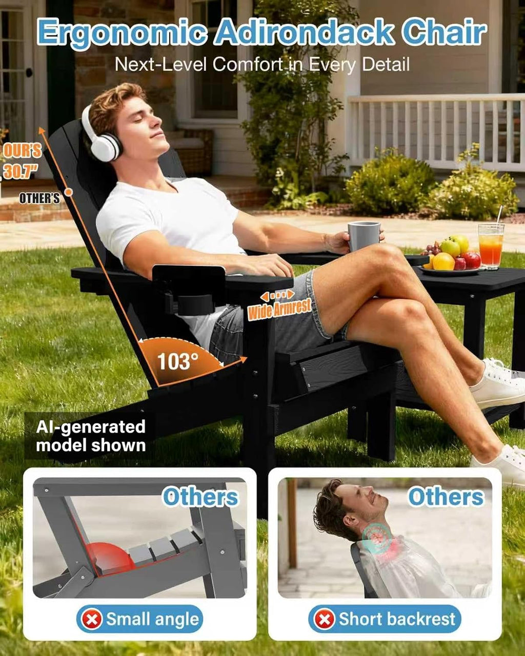 YEFU Adirondack Chairs Set of 6 with Cup Holder, Weather Resistant, Black