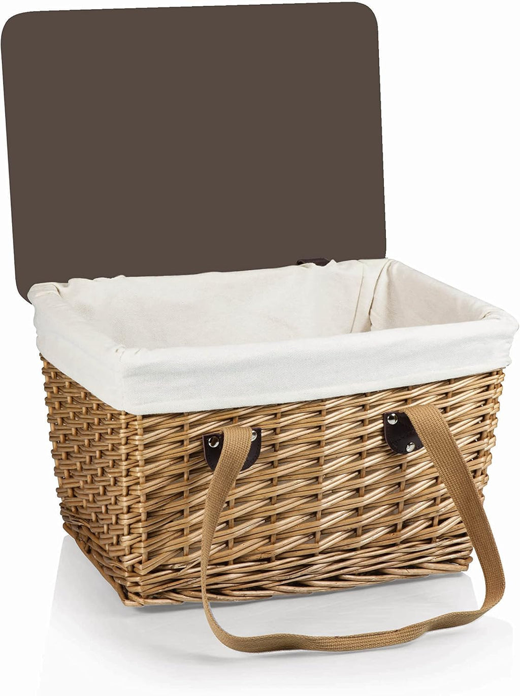 PICNIC TIME Canasta Wicker Picnic Basket, Classic Small Wicker Basket for 2 with Handwoven Willow Design, Removable and Customizable Lid Table, (Beige Canvas with Brown Lid)