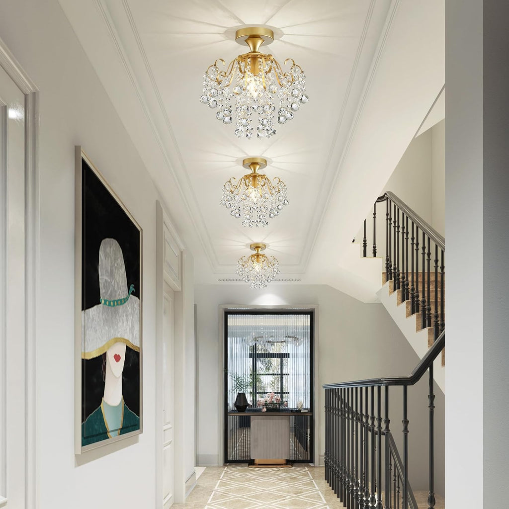 WUZUPS Crystal Chandelier Flushmount Ceiling Light Modern Lighting Fixture for Bedroom Hallway Bar Kitchen Bathroom, H 13.4" x W 12.6", E26 Base, Gold