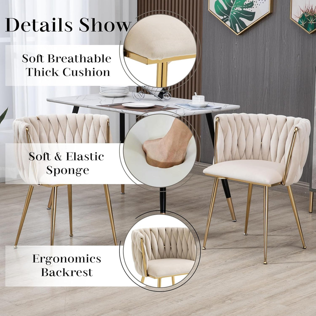Modern Glass Dining Table Set for 6, 63'' Rectangular Tempered Tabletop with Aesthetic V Shape Gold Metal Base & 6 Beige Gold Woven Dining Chairs, 7 Piece Luxury Dining Table Set