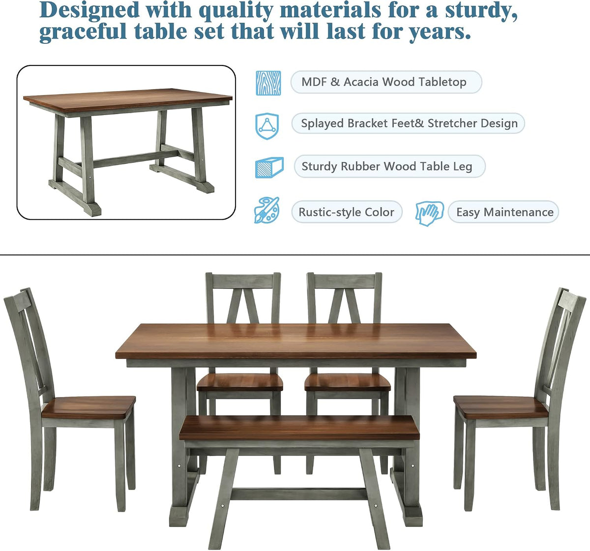 Harper & Bright Designs 6-Piece Dining Set, Farmhouse Style Wood Dining Table and 4 Dining Chairs & Long Bench, Kitchen Table Set, Walnut+Gray