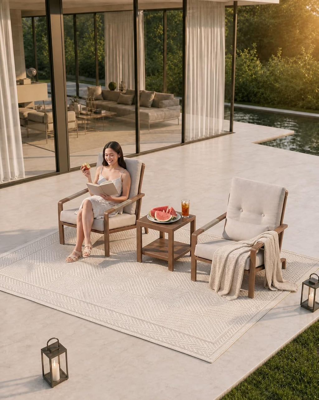 Aluminum Patio Set, 2 Chairs & Side Table, Washable Cushions, Beige (3 Piece)