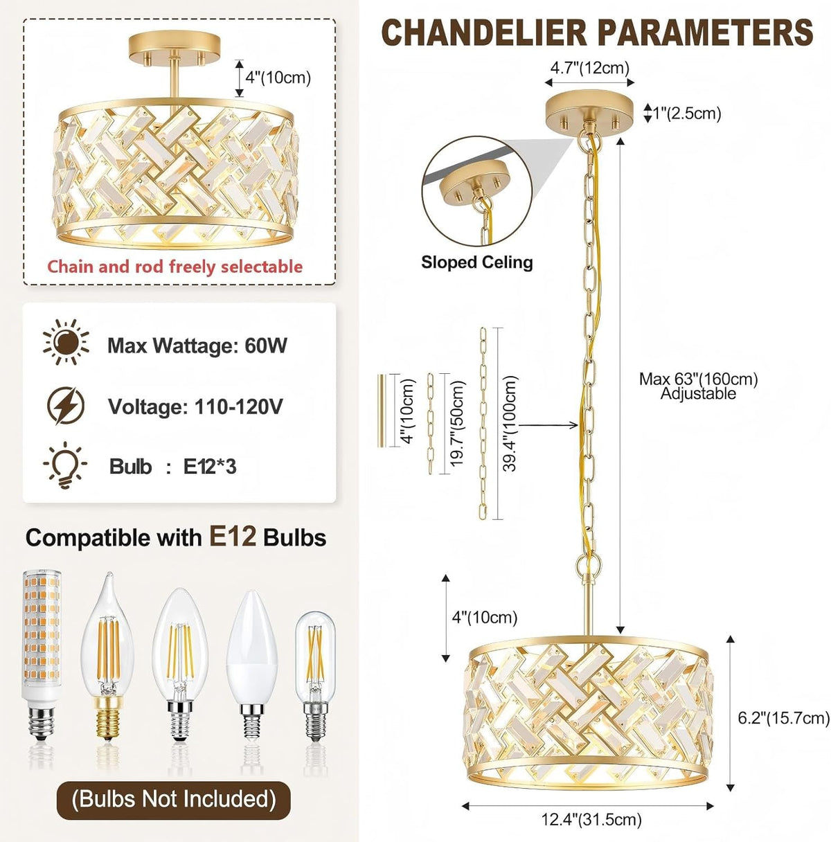 12.4" Gold Crystal Chandelier, Morden 3-Light Dining Room Light Fixture