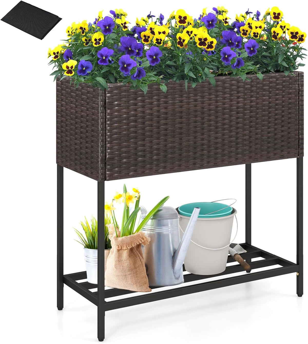 Giantex Raised Garden Bed with Legs, 28" x12" Rattan Elevated Planter Box w/Storage Shelf, Removable Liner, Drainage Gaps for Vegetables, Flowers & Herbs, Outdoor Planting Stand for Backyard, Patio