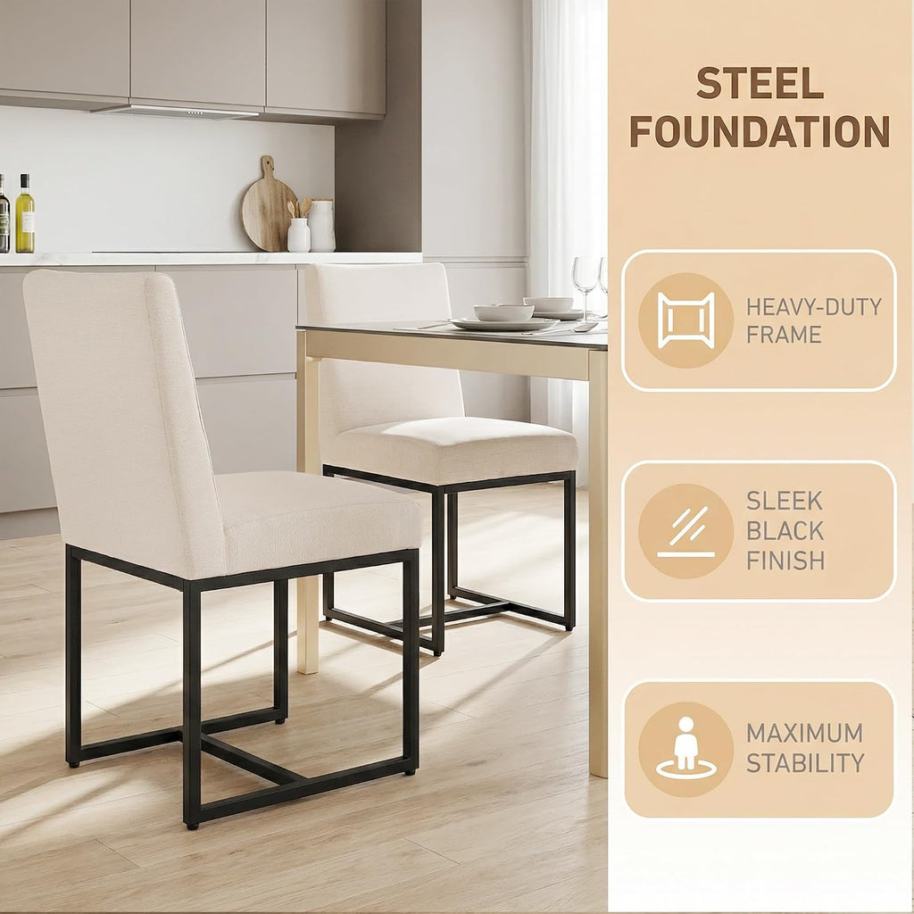 Shunzhi Upholstered Modern Dining Chairs Set of 6 Linen Mid Century Dining Room Chairs Armless Side Chair Comfy Kitchen Chairs with Black Metal Base for Living Room/Kitchen,Cream,6PCS