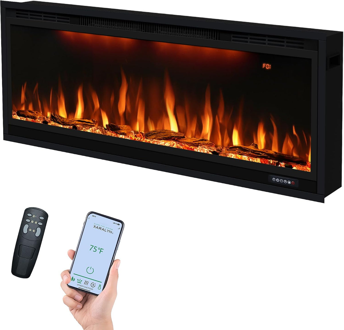 42 inch Smart Electric Fireplace WiFi-Enabled, Recessed &Wall Mounted Fireplace Inserts, Multicolor Flame w/Realistic Log &Crystals, Thermostat& Overheating Protection,Timer, 750W/1500W, Black