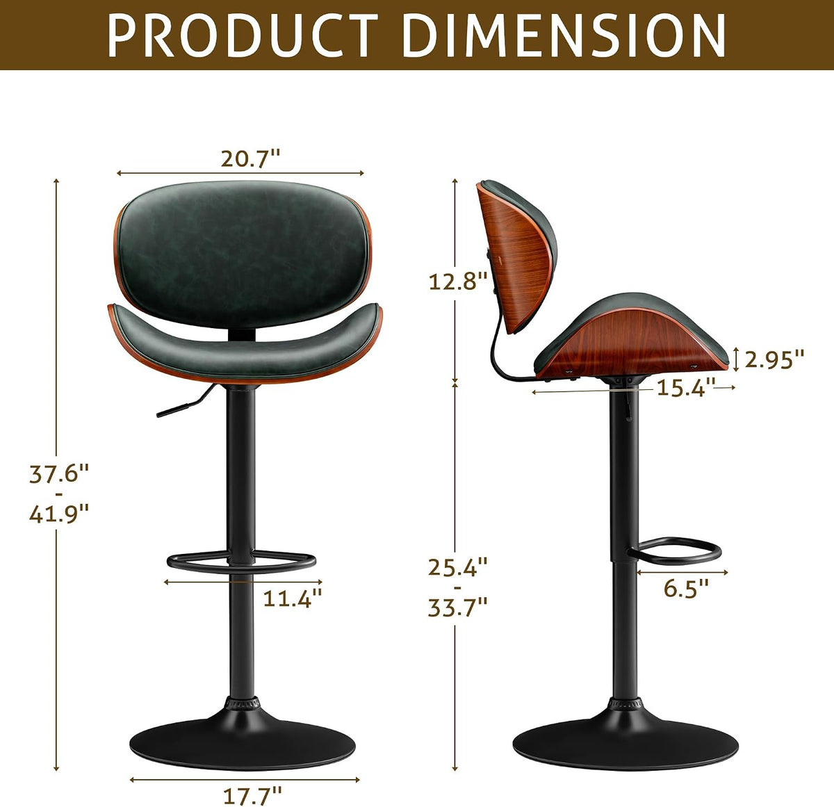 Furmax Bar Stools Set of 2 Adjustable Swivel Bentwood Barstools PU Leather Modern Bar Chairs with Back & Footrest for Bar, Kitchen Island, Dining Room (Grenn, Set of 2)
